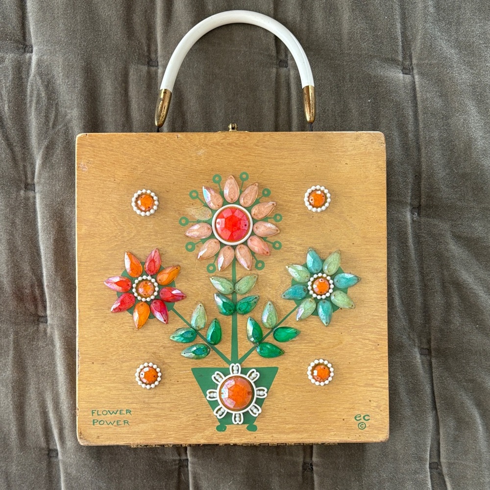 Vintage Enid Collins 1960’s Wooden Flower Power Handbag with Floral Design